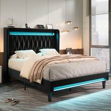 Allewie Upholstered Full/Queen/King Platform Bed Frame With LED Light And Charging Station, Button Tufted High Headboard, Wingback Design, Noise Free, Easy Assembly, No Box Spring Needed, Black - View 1