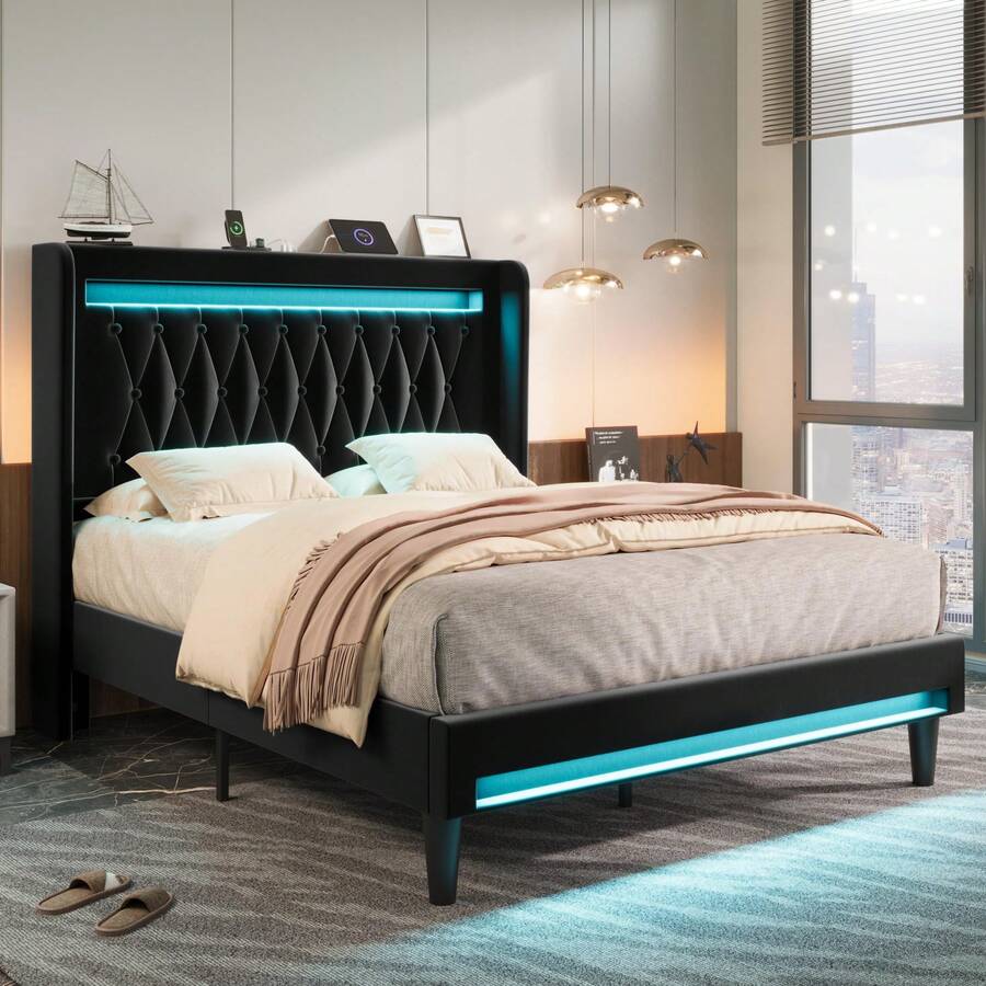 Allewie Upholstered Full/Queen/King Platform Bed Frame With LED Light And Charging Station, Button Tufted High Headboard, Wingback Design, Noise Free, Easy Assembly, No Box Spring Needed, Black - View 1