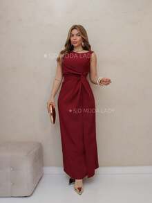 SJD MODA LADY Party Dress, Long Women's Dresses, Luis Twil Fabric, Elegant Women's Dresses, Social Style, Elegant Look, Party Dresses Civil Wedding Graduation Godmother, Best Quality, Christmas Women's Clothing - 酒紅色 - 查看 3