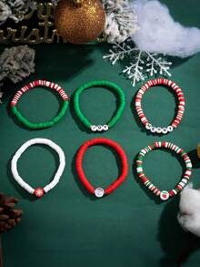 6pcs/Set Christmas Theme Polymer Clay Beaded Bracelet Set, Multi-Layer Stackable Santa Claus Design Charm Bracelets, Holiday Matching Accessories, Charming Gift - Color Mixing - View 15