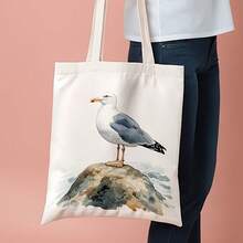 1 Piece Seagull Pattern Canvas Tote Bag - Reusable Shopping Bag, Durable Polyester Shoulder Bag, Fashionable Beach Travel Commuter Bag, Animal Lover Summer Gift, Women's Daily Multifunctional Accessory - White - View 1