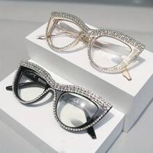 2pcs Elegant Cat Eye Crystal Glasses - Stylish Full Frame Design, Shiny Crystal Lightweight Computer Glasses +1, 0 To +4, 0 Black And Translucent Frame| Decorative Glasses| Polycarbonate Lenses - 白色+粉紅色 - 查看 3