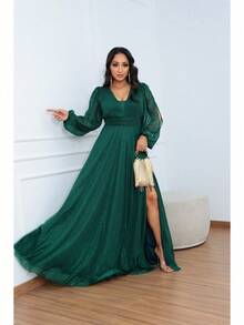 Women's Long Aurora Tulle Dress With Shiny Long Sleeves - 深奧莉薇綠 - 查看 3
