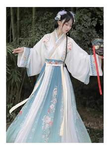2025 オリジナル本物の魏晋漢服婦人服中国風クロスネック腰丈ルースカートスーツ日常古代衣装ドレス赤、スカイブルー、ライトグリーンオプションの春と秋の漢要素衣装 - レッド - チェックする 8
