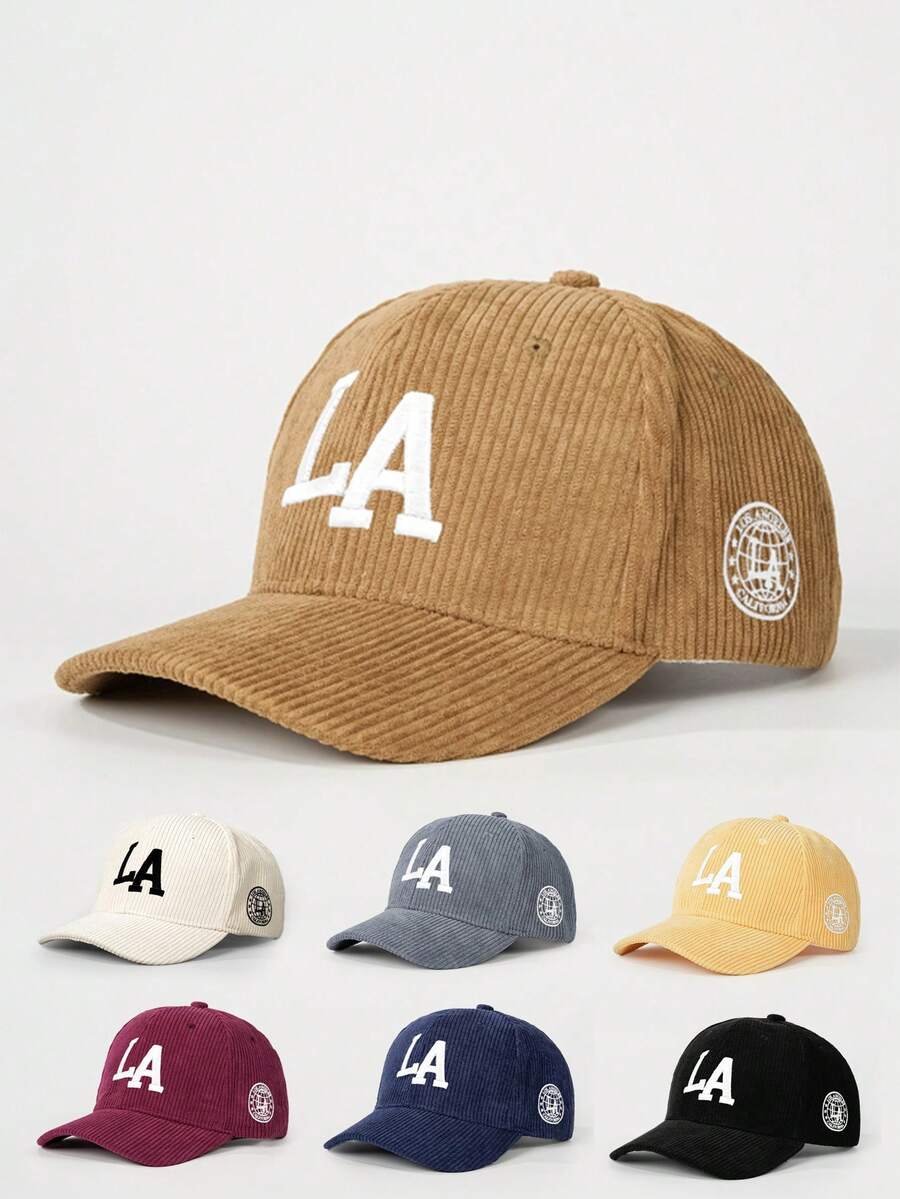 1 Peça Boné de Beisebol Ajustável de Corduroy com Bordado LA na Frente e Lateral, Adequado para Primavera/Outono, Viagens, Praia, Uso Casual, Proteção Solar, Estilo Y2K para Homens Jovens