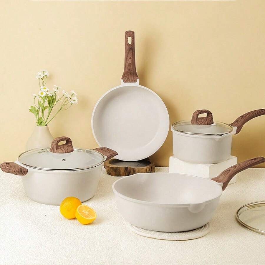 1 Juego de Batería de Cocina Antiadherente para Cocina de Inducción de Granito Blanco, Apto para Cocinas de Inducción, Incluye Sartenes, Ollas de Guiso y Ollas de Sopa con Tapa, Apto para Uso en la Cocina del Hogar