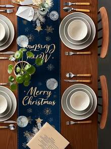 1pc, Hand-Painted Wind Golden Christmas Tree Table Runner Dark Blue Christmas Table Decoration, Suitable For Holiday Catering Machine Washable Tablecloth, Suitable For All Table Sizes. - Blue - View 2
