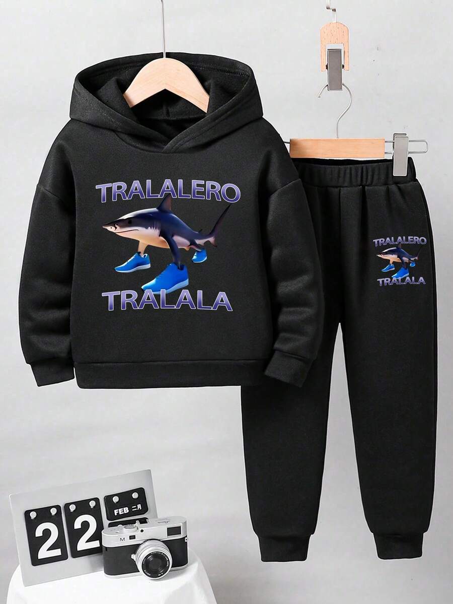 Young Boy Cartoon Shark Print Warm Hoodie And Sweatpants Casual Outfit - Black - View 1