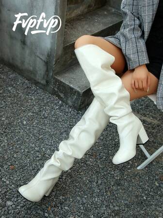 FVPFVP Kozaki za kolano z błyszczącej skóry z okrągłym noskiem, dopasowane, grube buty jeździeckie dla kobiet, jesień/zima