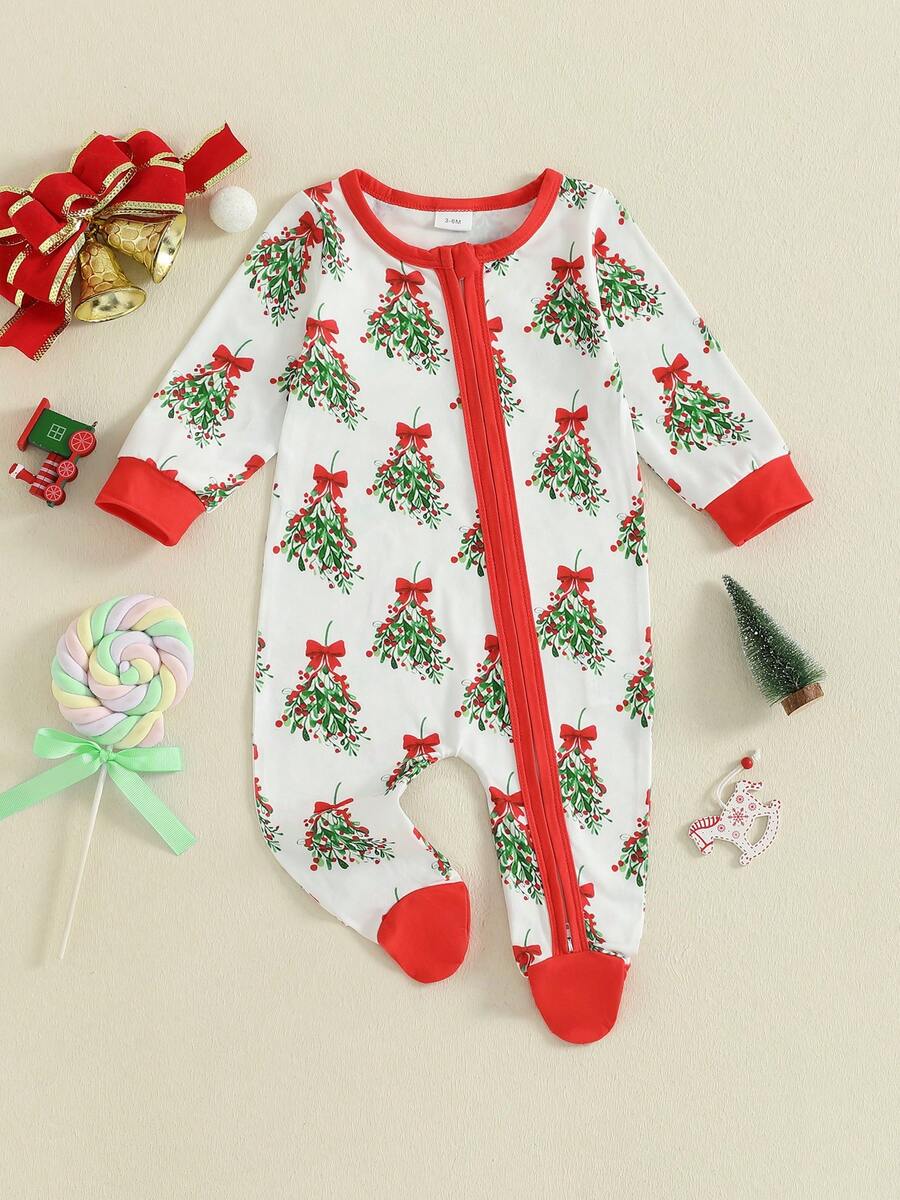Newborn Baby Christmas Romper Wreath Bow Print Long Sleeve Zip Up Round