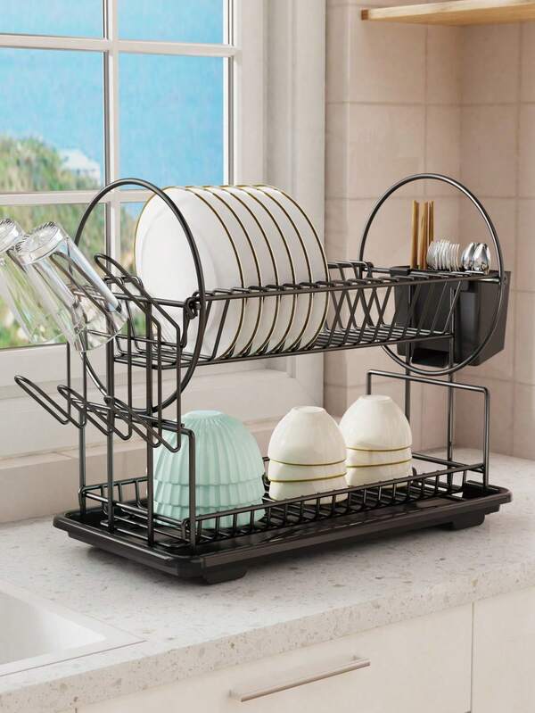 Escurreplatos de 2 niveles con drenaje automático, de acero inoxidable negro, con soporte para utensilios y platos, organizador de encimera para el hogar que ahorra espacio.