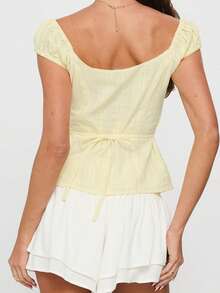Womens Button Down Shirts Cap Sleeve Sweetheart Neck Solid Color T-Shirts Summer Blouses - Yellow - View 2