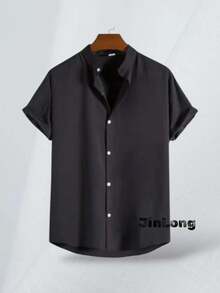 Men's Shirt, Pastor Collar, Social Casual, Linen Cotton, Short Sleeve, Luxury Fashion - màu đen - Xem 1