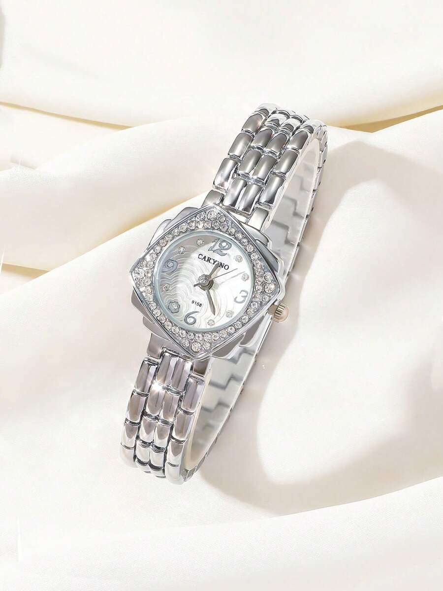 CARYINO Women's Asymmetrical Dial Dual-Tone Rhinestone Quartz Watch, Fashionable Luxury Personalized Stainless Steel Strap, Suitable For Daily Life, Parties, Dinners, Gatherings - Silver - View 1