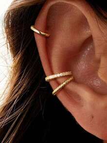 3pcs Set Minimalist Copper Exclusive Design Zirconia Stud Earrings, No Piercing Needed, Personalized Earcuffs, Simple Earrings - Bộ kẹp tai hình chữ C gồm ba chiếc - Xem 1
