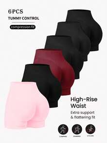 6 件套女士无缝弹力提臀跑步训练健身瑜伽户外运动短裤，适合日常穿着和锻炼，纯色健身短裤，骑行短裤， - 彩色 - 查看 1