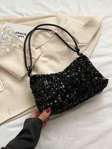 1pc Black Sequin Smooth Zipper Fashion Versatile Casual Solid Color New Autumn/Winter Unique Shoulder Bag, Suitable For Women's Daily Use - Black - View 7