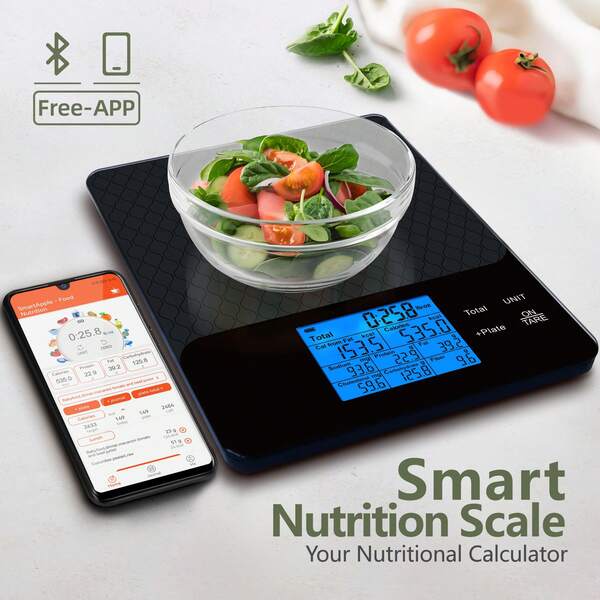 ميزان مطبخ رقمي ذكي مع حاسبة التغذية، معلومات التغذية على الشاشة، تطبيق مجاني لتتبع السعرات الحرارية والمكونات الغذائية، بالغرام والأونصة لضبط الحصص وتحضير الوجبات، 10كجم/22رطل
