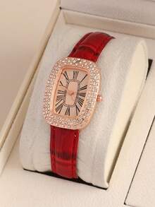 1件优雅女士椭圆形镶钻腕表，星空表盘搭配绿色PU皮表带 - 石英腕表，适合休闲和正式场合，复古腕表，正式配饰，复古风格腕表，闪亮细节 - 彩色 - 查看 8