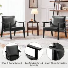 Butterslay 1PC Mid-Century Modern Brown Faux Leather Armchair - Solid Wood Legs Accent Chair With 5.5" Thick Foam & Spring Cushion, Waterproof Easy To Clean Cozy Chair For Living Room Bedroom Office - màu đen - Xem 4