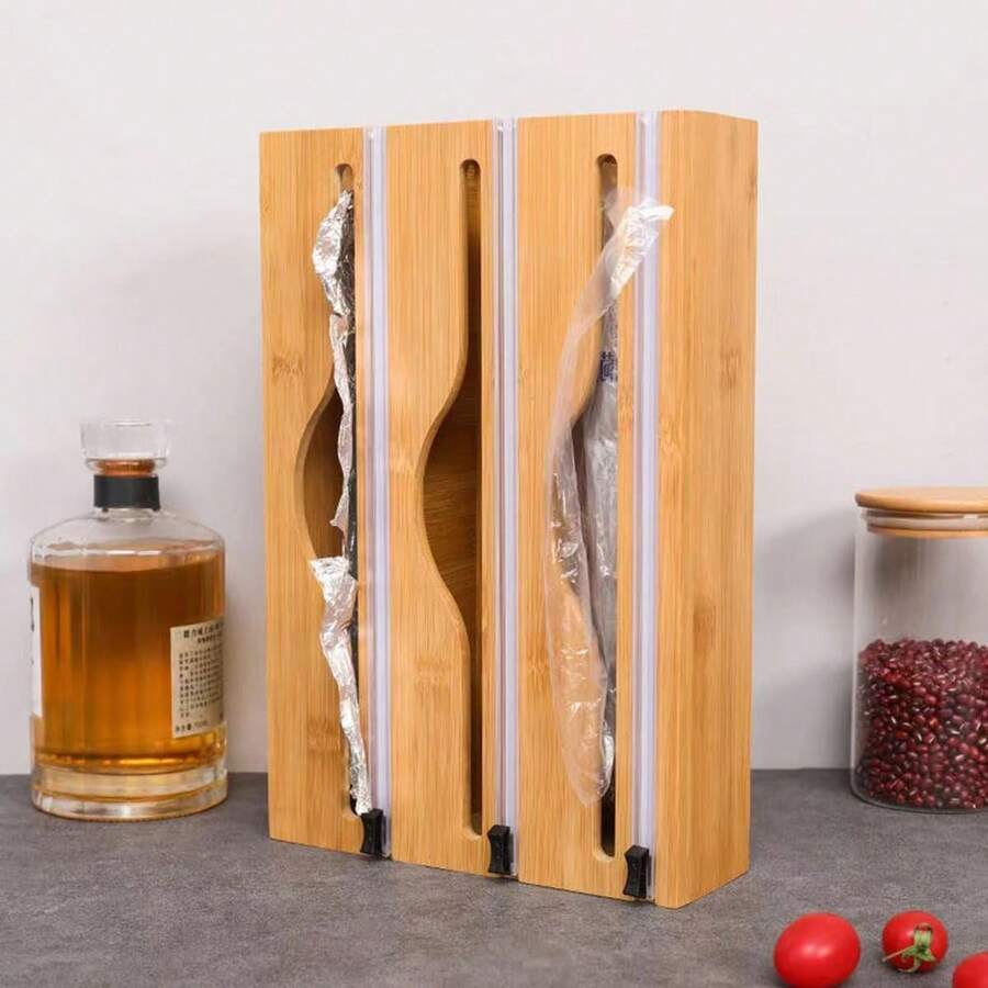 1 件装多尺寸通用竹木壁挂式保鲜膜切割器，厨房用品双向保鲜膜分配器，批发