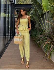 Women's Belted Blouse And Tailored Trousers Set Christmas Conservative/Modest Elegant Casual Party Cloth Belted Set Evening Wedding Office Summer - 黃色 - 查看 1