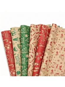 6 Rolls Kraft Christmas Wrapping Paper Set - 19.68x27.55 Inch Sheets! Vintage Retro Style With Santa, Reindeer Patterns For Gift Packaging, Scrapbooking, Xmas Tree Decoration Christmas Pajamas Christmas Decor - Multicolor - View 10