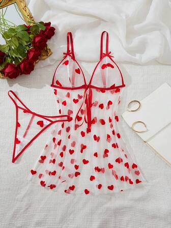 2pcs Women's Sexy Floral Mesh Robe Set, Front Tie Bow Decor Lingerie Set, For Christmas