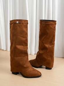 1 Đôi bốt cao đến đầu gối, mũi nhọn, chất liệu da lộn màu nâu dành cho nữ, thiết kế khóa cài thời trang, giày lười thanh lịch cho mùa đông - màu nâu - Xem 5