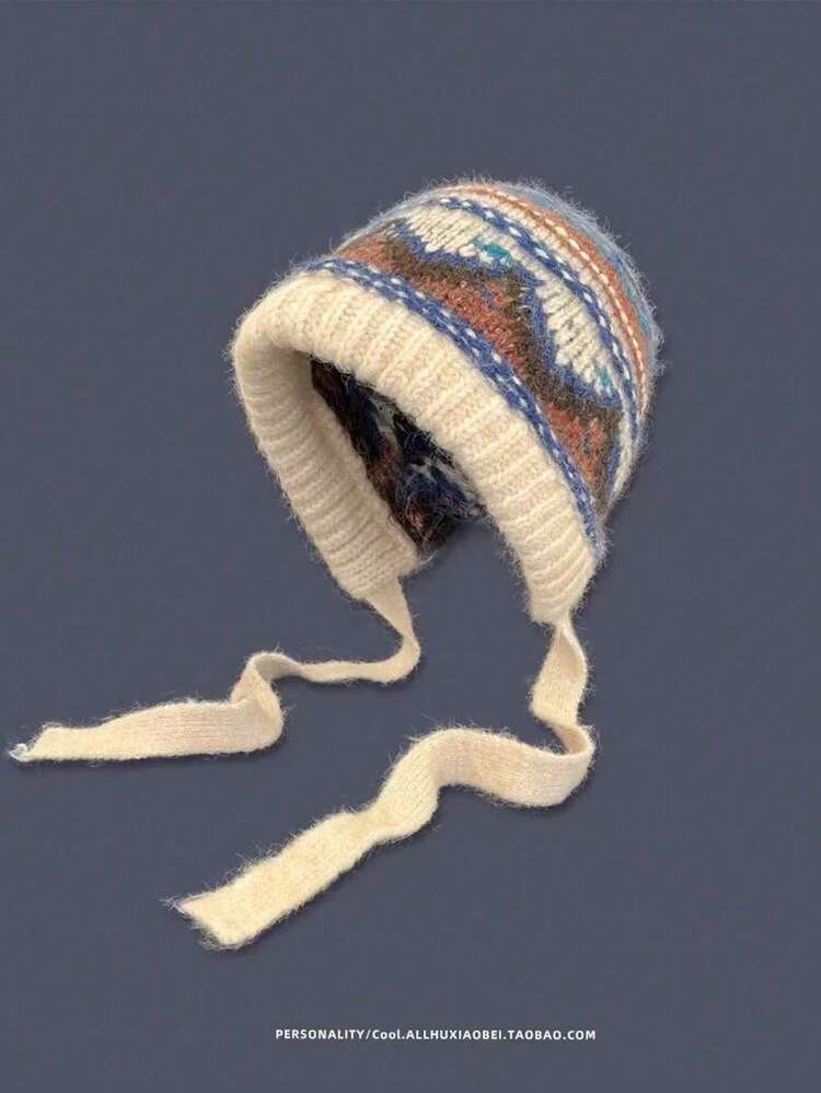 1個 ヴィンテージ ノルディック フローラル柄 イヤーウォーマー ニット帽、かわいいリボンに結べる、優れた保温性と防寒性、レトロフェアアイル編みバラクラバ 女性用、雪の日や屋外活動に適した、秋冬 - マルチカラー - 見る 12