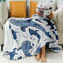 [Cozy Comfort] Ocean Blue Whale Shark Flannel Throw Blanket - Soft, Comfortable, And Stylish With Marine Animal Design For Home Decor, All-Season Use, Machine Washable, Ocean Theme