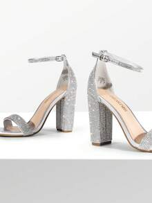 Women Rhinestone High Heeled Sandals Glamorous Chunky Heel Ankle Strap Open Toe Dressy Pump Sandals With Shiny Rhinestone Decor, For Party Wedding Prom - 銀色/萊茵石 - 查看 4