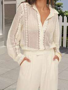 Women Sheer Lace Blouse Loose Casual Long Sleeve Button-Up Collared Shirts For Spring Fall - White - View 1