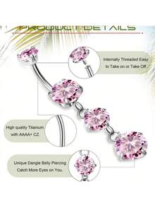 G23 Titanium Dangle Navel Ring, Women's Dangle Navel Ring, Inlaid Zirconia, Curved Barbell Style Internal Threaded Navel Piercing Jewelry - Multicolor - View 9