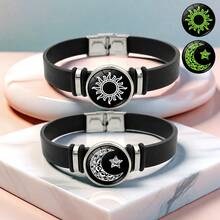 2pcs/Set Glow-In-The-Dark Leather Bracelet, Sun Moon Star Pattern, Fashion & Personalized, Couple Bracelet, Shines In The Dark, Accessory - Multicolor - View 13