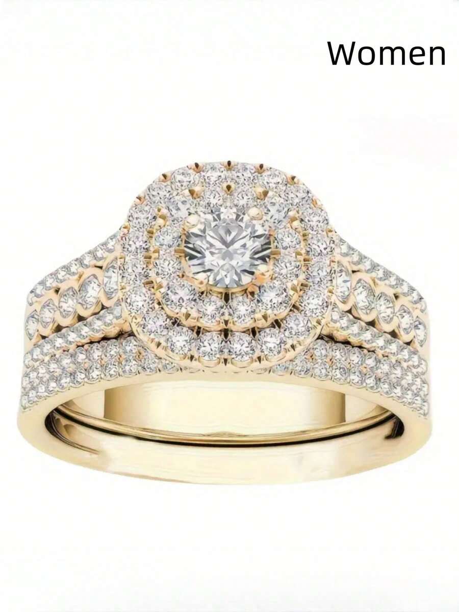 1pc Men's Gold Stainless Steel Ring And Women's Gold-Plated Cubic Zirconia Ring, Wedding/Engagement/Couple Ring