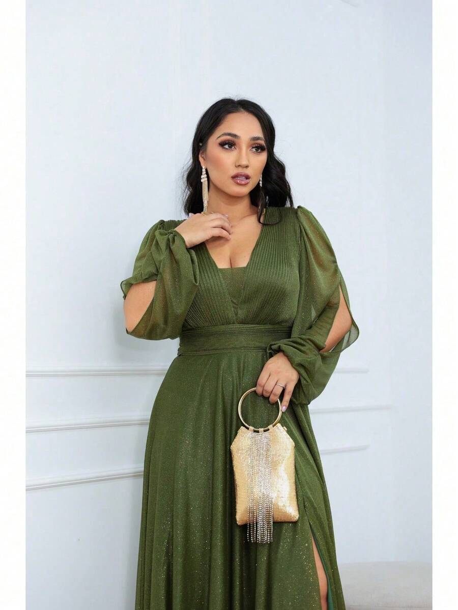 Women's Long Aurora Tulle Dress With Shiny Long Sleeves - 橄欖綠 - 查看 1