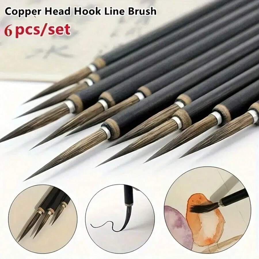 6 Pieces/Set Of Brushes, Brushstroke Tracing Line Figure Flower And Bird Fine Gold Style Brush, Copper Head Hook Brush, Exquisite Calligraphy Brush - 黑色 - 查看 1