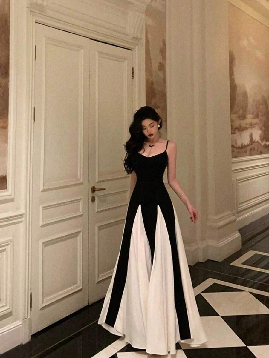 2025 Fashionable Sexy Elegant Spaghetti Strap Backless Fitted Flared A-Line Semi-Sheer Dress With Padded Bust, Suitable For Wedding, Dance Performance, Cocktail Party, Evening Gown, Halloween