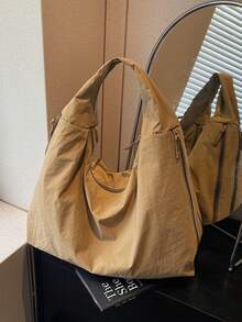 2025 New Khaki Nylon Fabric Bag, Large Capacity Solid Color Shoulder Bag, Casual Japanese Style Tote Bag, Versatile College Student Schoolbag, Minimalist Fashion Handbag, Short Trip Travel Bag, Double Zipper Side Pockets, Crescent-Shaped Bag - Màu Khaki - Xem 2
