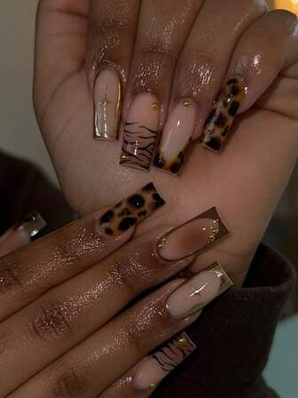 24pcs/Set Minimalist French Manicure Medium Length Nail Tips, Leopard Print, Gold Foil Starry, Tie Dye Brown, 3D Golden Pearl, Sweet Style Reusable Press-On Nails With Jelly Gel And 1pc Nail File, Suitable For Office Ladies, Daily Dates, Afternoon Tea, Outdoor Activities