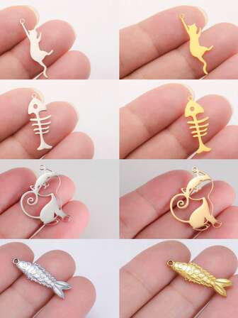 AMAXER 1 件不锈钢可爱猫和鱼吊坠，珠宝制作 DIY 用品，适用于手链、项链、耳环、包包饰物、纪念品礼物