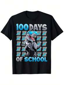 [Breathable Fabric] Youngsters' 100 Days Of School T-Shirt - Dinosaur Graphic, Soft Cotton, Breathable Short Sleeve Tee For Boys & Girls, Round Neck Design, Casual Minimalist Graphic Print Short Sleeve Crew Neck T-Shirt - màu đen - Xem 1