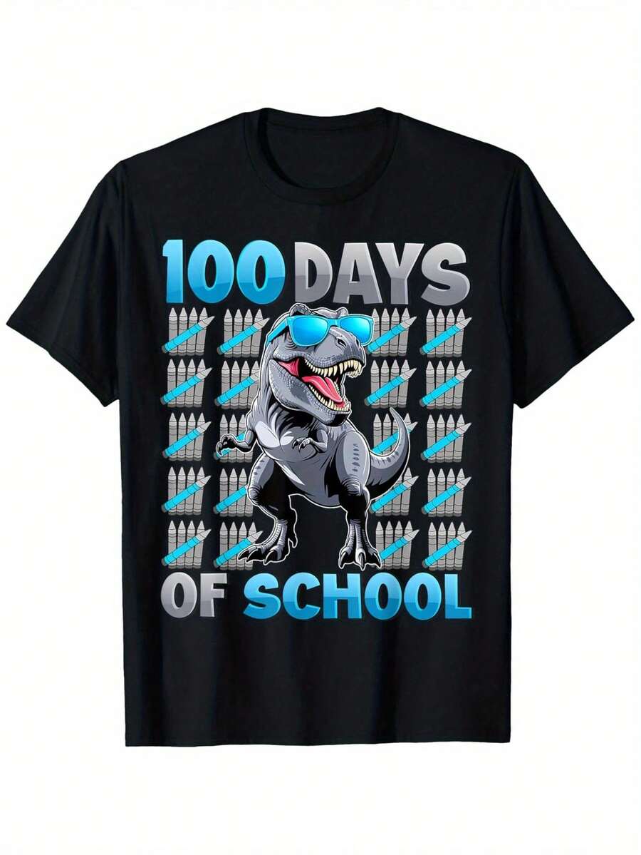 [Breathable Fabric] Youngsters' 100 Days Of School T-Shirt - Dinosaur Graphic, Soft Cotton, Breathable Short Sleeve Tee For Boys & Girls, Round Neck Design, Casual Minimalist Graphic Print Short Sleeve Crew Neck T-Shirt - màu đen - Xem 1