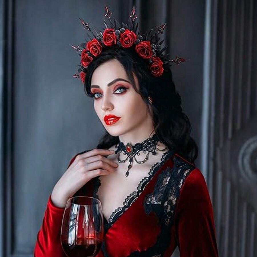 1pc Gothic Dark Red Rose Flower Crown Headband, Bridal Headdress For Halloween, Wedding, Party Costume