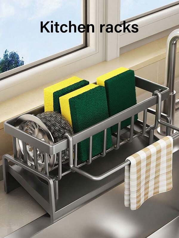 1pc Kitchen Sink Organizer, Sink Drain Sponge Holder With Soap Dispenser & Brush Storage, Detachable Dishcloth Rack For Kitchen Sink Area Organization And Bathroom Storage