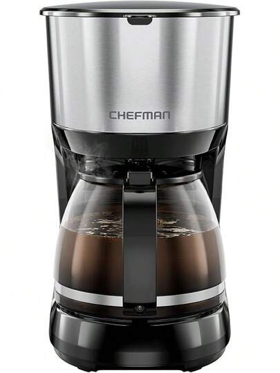 Chefman Cafetera Programable De 1L, Cafetera EléCtrica, Olla Antigoteo, Filtro Reutilizable Para Molidos Frescos, Acero Inoxidable Redondo, Jarra De Vidrio