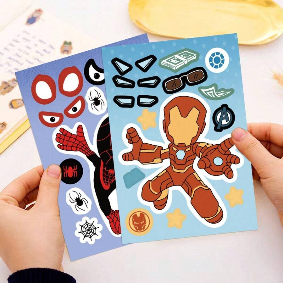 Marvel 8 张/套儿童 DIY 拼图贴纸蜘蛛侠/钢铁侠脸部趣味动漫组装贴纸儿童玩具男孩女孩礼物作为生日礼物复活节万圣节圣诞节节日派对礼物