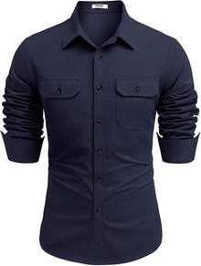 Camisa vaquera de manga larga para hombre, de algodón con botones y bolsillos, estilo trabajo - Azul Marino - Ver 7