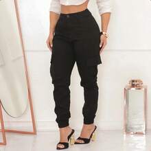 Women's High Waist Jogger Cargo Pants Premium Twill Side Pocket, Women's High Waist Cargo Jogger Jeans With Lycra, Women's High Waist Butt Lifting Cargo Jeans - 深黑 - 查看 6